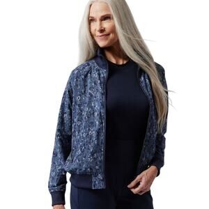 NWOT ATHLETA Brooklyn Bomber Jacket Captivate Chrome Blue Pattern Women’s Small